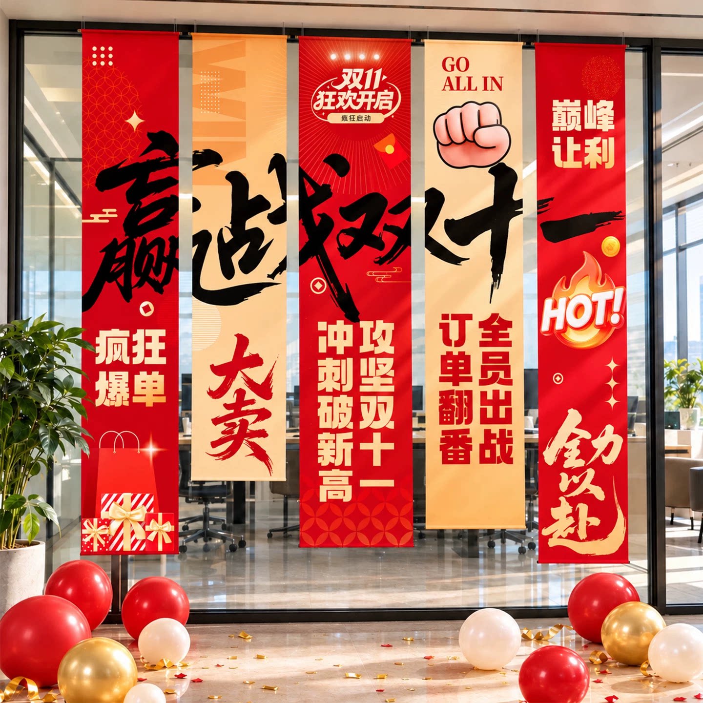 双十一活动布置场景购物狂欢节日公司商场氛围仪式感背景挂布条幅
