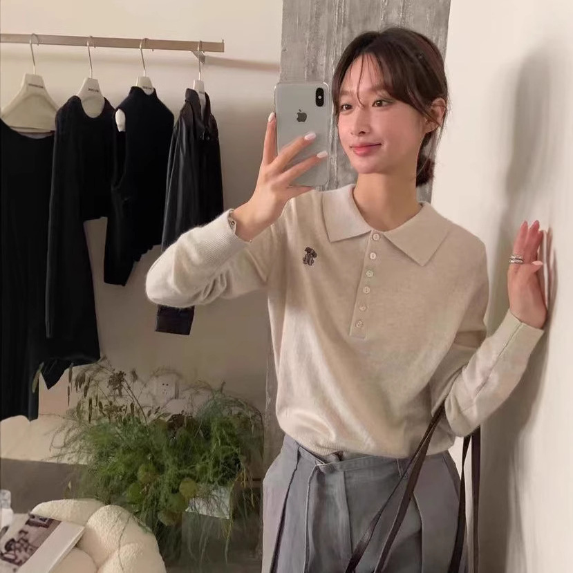 一女装含羊毛兔绒2025秋季减龄十三行IMISS极简刺绣polo领针织衫
