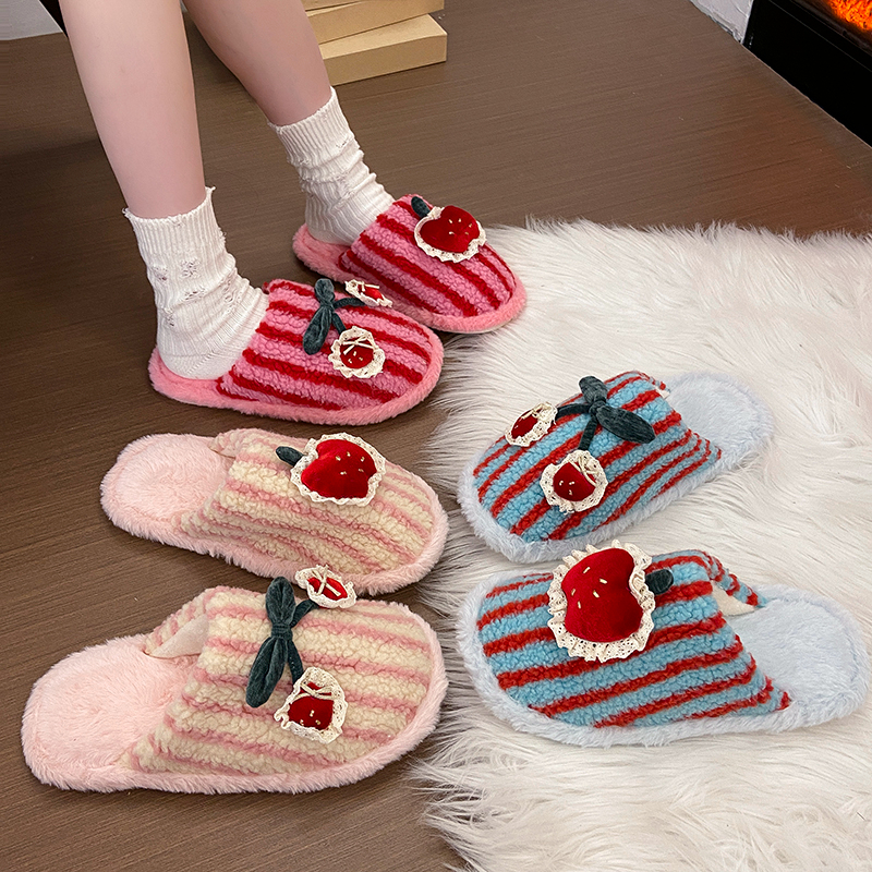 多巴胺棉拖鞋室内家居2025冬新款樱桃毛毛拖鞋包头女毛绒拖鞋可爱