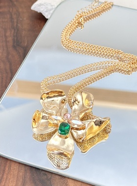 欧美中古饰品轻奢时尚高级感钻石大花项链个性简约百搭款毛衣链