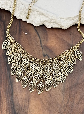 欧美时尚镂空树叶项链时尚夸张树叶流苏气质长款流行元素颈链