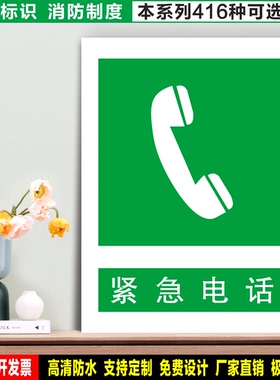 紧急电话 防水带胶贴纸硬质PVC牌车间检查验厂消防安全标识 XF090