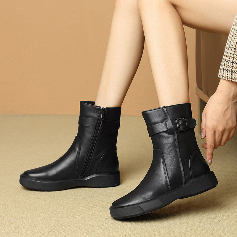 W8651-5 真皮马丁靴2023冬新款冬季加绒中筒靴平底短靴大码中筒靴