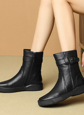 W8651-5 真皮马丁靴2023冬新款冬季加绒中筒靴平底短靴大码中筒靴