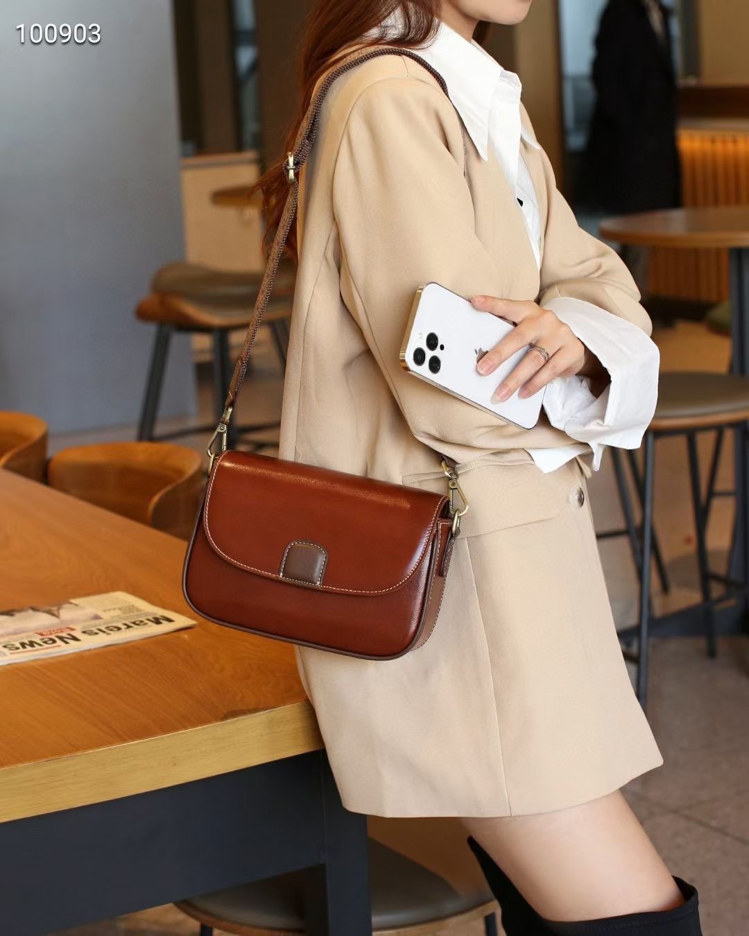 高级感头层植鞣牛皮斜挎包女2025新款洋气百搭真皮单肩背包小方包