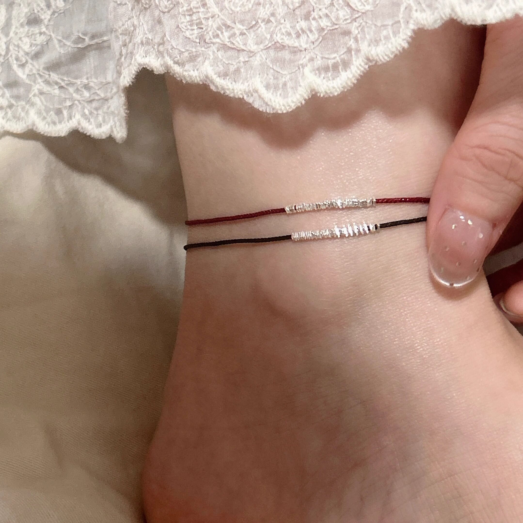 碎银子小黑绳脚链红绳小众设计简约百搭招财脚绳复古足链女不掉色