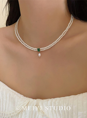 爱丁堡梦境~法式公摊费双层珍珠祖母绿项链 优雅叠戴复古小众颈链
