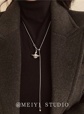 日韩高级感珍珠星球吊坠项链可抽拉时髦百搭毛衣链潮流苏配饰爆款