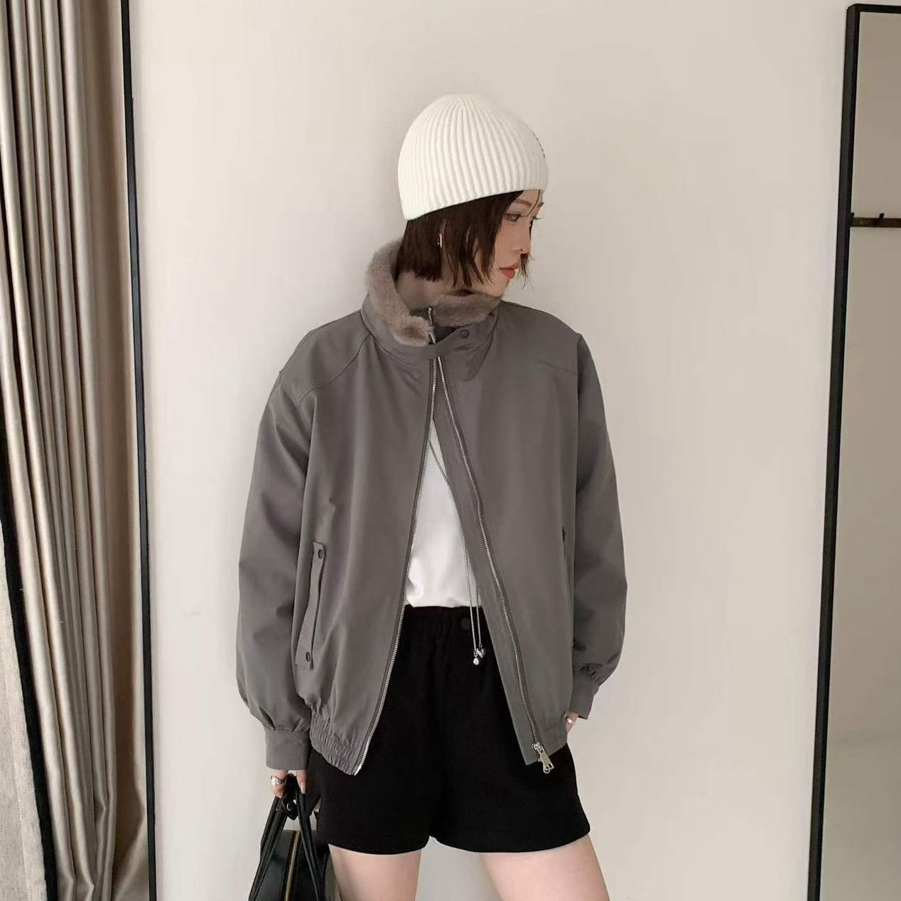 欧货时尚翻领羊羔毛90白鸭绒派克服2026冬休闲百搭羽绒外套