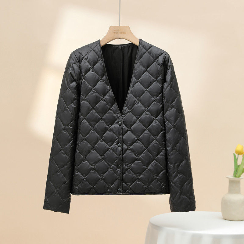 轻薄羽绒服女短款V领2026秋冬白鸭绒内胆菱格大衣内搭保暖外套潮