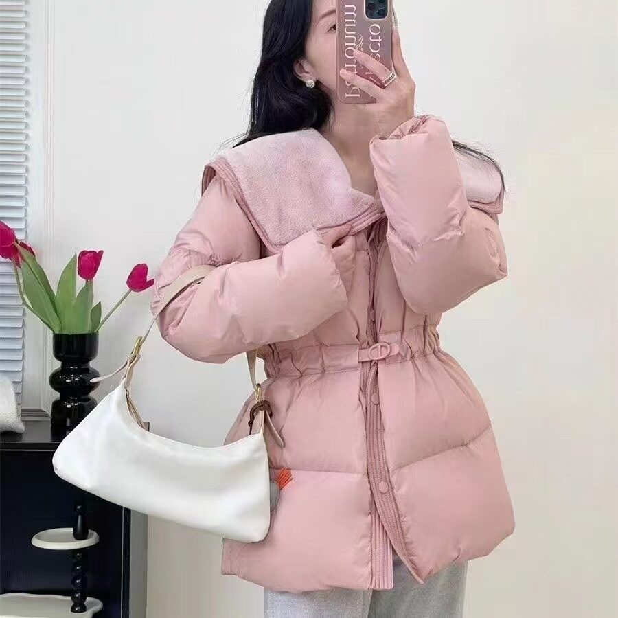 收腰毛领羽绒服女中长款显瘦加厚大翻领白鸭绒外套防寒保暖通勤