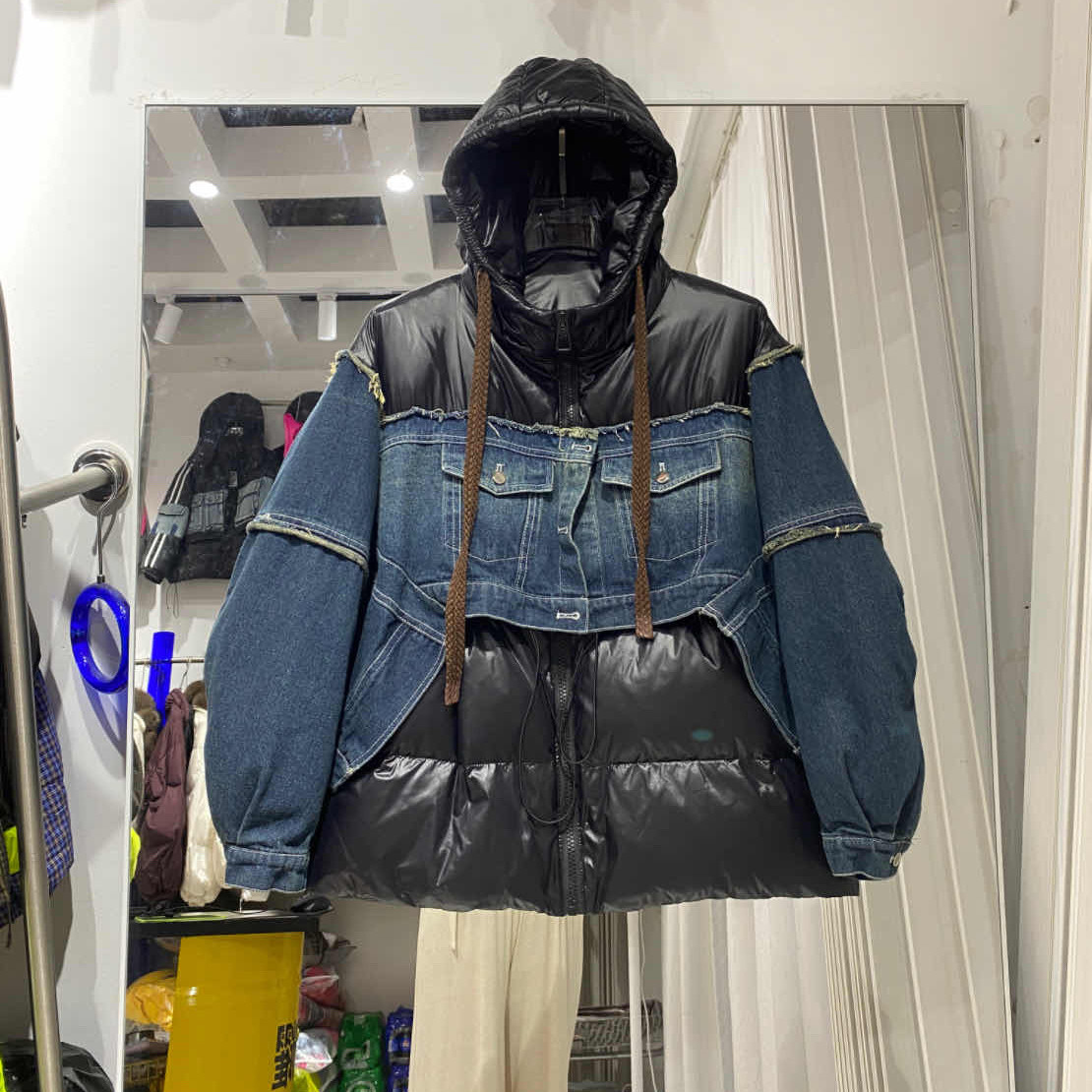 设计感牛仔拼接连帽白鸭绒羽绒服女冬季新款小个子高级感加厚外套