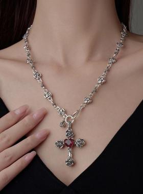 S925复古玫瑰花吊坠项链女做旧百搭高级感轻奢毛衣链重工配饰坠