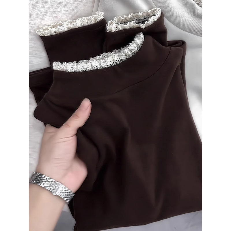 半高领蕾丝拼接德绒内搭打底衫女秋冬大码胖mm高级感长袖t恤上衣