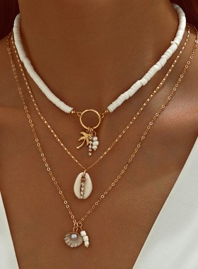 跨境欧美波西米亚风软陶项链叠戴式复古海洋贝壳椰树扇贝锁骨链女