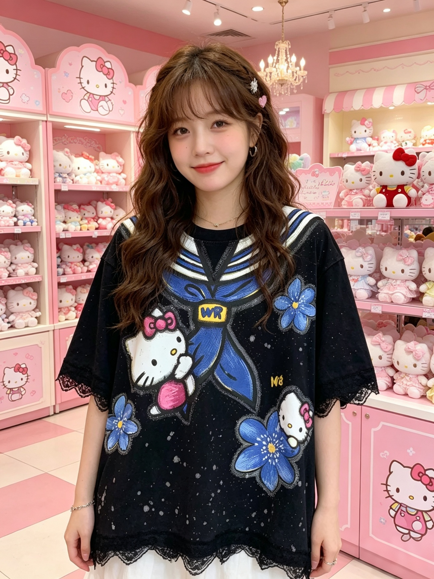 hellokitty猫2026夏新款海军拼蕾丝烫钻卡通小个子宽松短袖T恤女