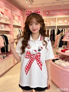 hellokitty猫2026新款烫钻蝴蝶结印花短袖POLO领T恤女可爱风宽松