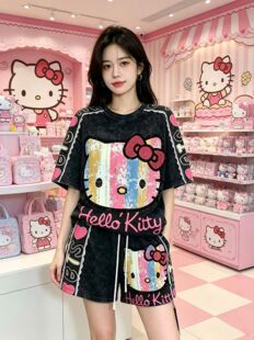 hellokitty猫2026新款remake重工炫彩豹纹蕾丝烫钻宽松短袖t桖潮