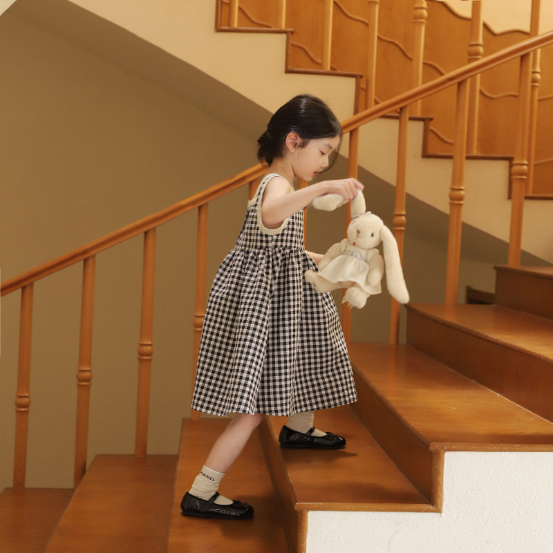森系女童连衣裙中大童洋气格子田园风儿童夏季吊带公主裙宝宝夏装