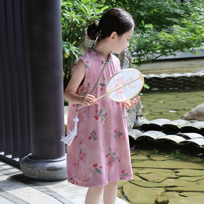 女童新中式改良旗袍连衣裙夏季粉色樱桃印花公主裙儿童装复古裙子