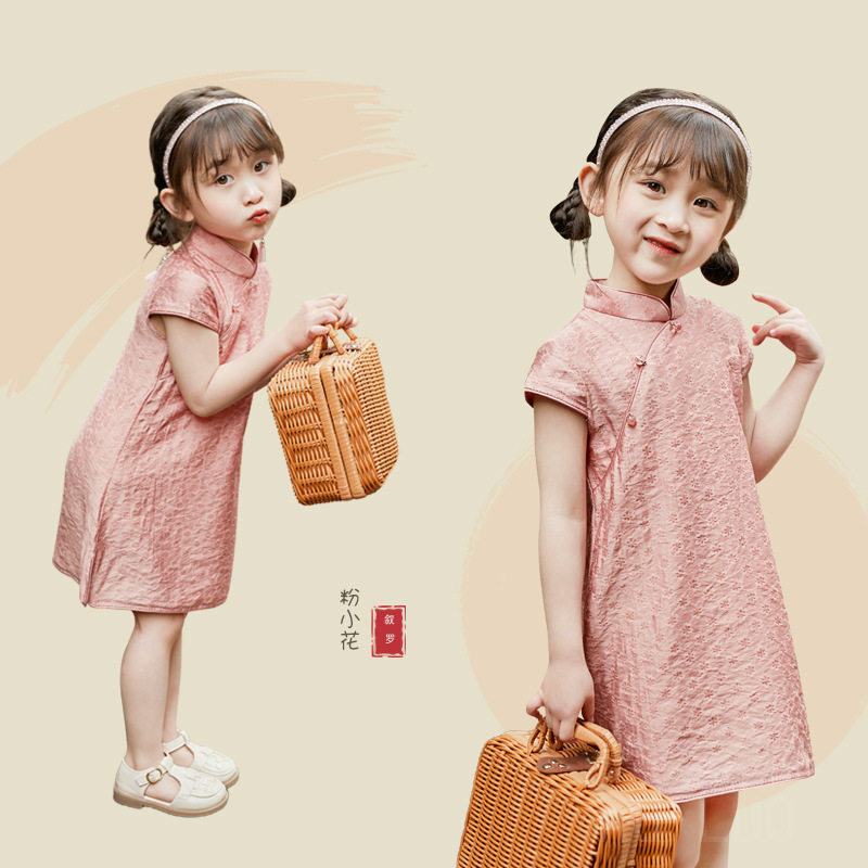 2026夏装新款女童短袖旗袍公主裙纯色时尚花朵中国风旗袍