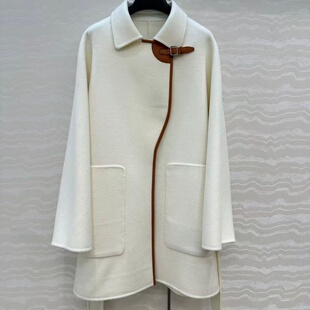 羊皮扣拼接双面尼翻领羊绒羊毛混纺腰带收腰H版型中长款大衣女