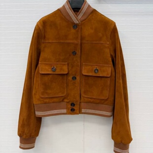 立领螺纹拼接进口麂皮绒小羊皮定位贴皮刺绣字母短款皮衣外套女