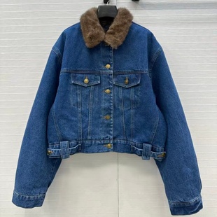 日系新款 夹克外套女 百搭水貂毛领牛仔内胆填充90白鹅绒高腰短款