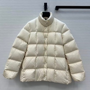 日系方形绗缝国标90白鸭绒立领宽松H版型抽绳束摆短款羽绒服女