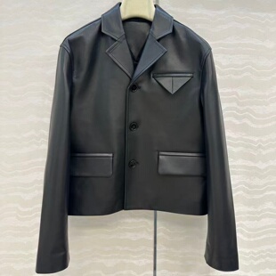 日系新款百搭进口小羊皮复古摩登时髦短款高腰夹克皮衣小外套女
