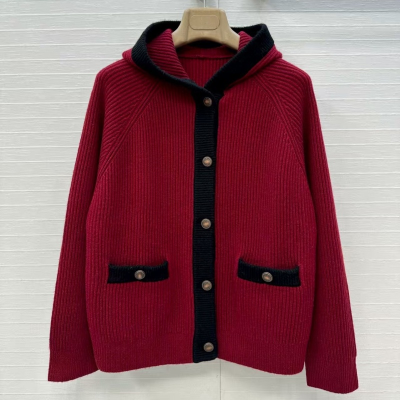 韩版新款螺纹羊绒连帽针织开衫女