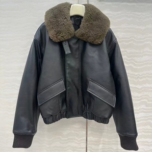 日系新款泰迪羊羔毛翻领进口牛皮国标90白鹅绒宽松高腰皮衣外套女