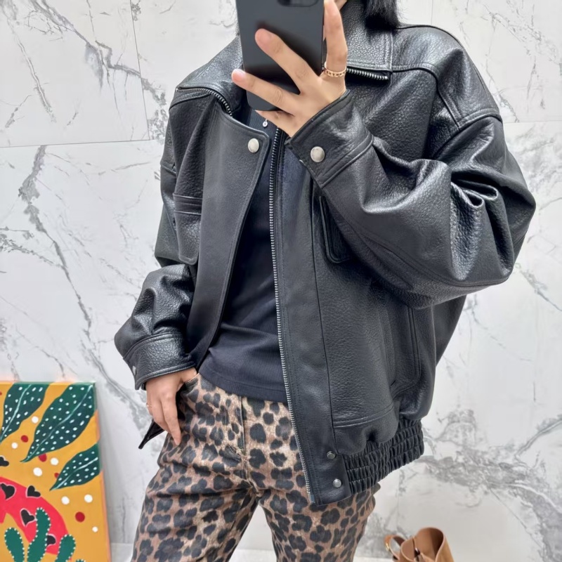 日系男女同款进口新西兰小绵羊泡皮立翻领阔版机车夹克皮衣外套女