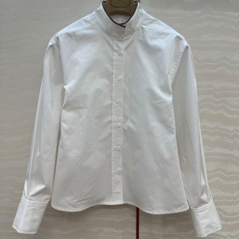 法式优雅立领铜链刺绣泡泡袖衬衫