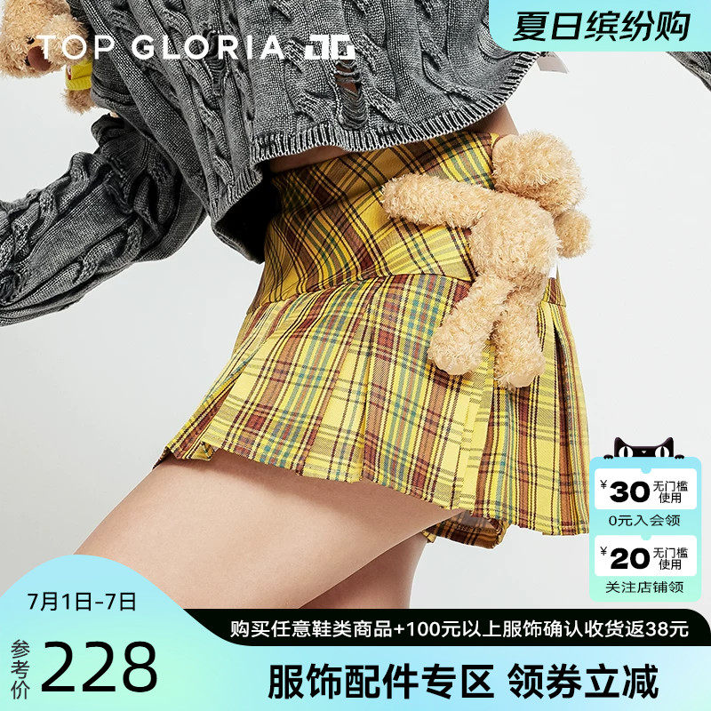 TopGloria美式复古格子百褶裙