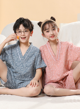 纯棉儿童汗蒸服女高档男童女孩全棉亲子情侣装睡衣大童小童浴服