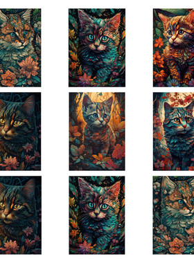 鲜花丛中的猫咪数字油画填充填色油彩画欧式手绘画动物