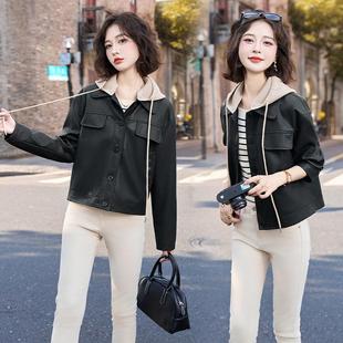 皮衣外套女秋新款 连款 春小个子时吾191尚帽设计感假两件短夹克上