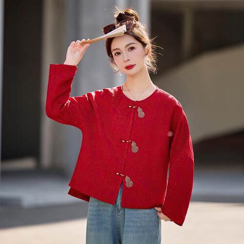 新ZZHONGQ6中式国风钉珠提花外套女春秋新复优古雅气质款松短宽款