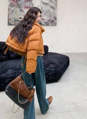 橘色短C116-257款拼皮羽绒服新款季小个接子加厚面女包服羽绒外冬