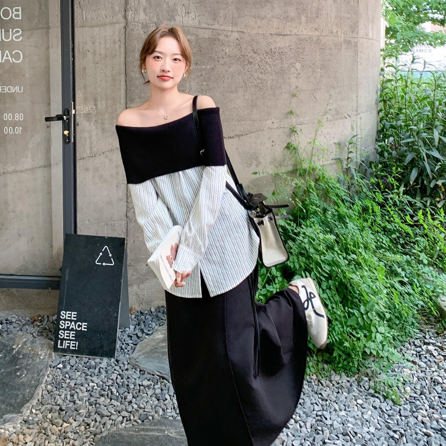 时尚一装字领撞色条上纹女春秋宽松套百ZZB201Q搭露肩衣半身裙两