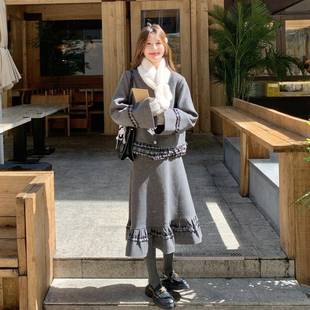 外套半拼身裙格两件 506女秋冬新款 色灰纹接小香风毛呢套装 裙b287