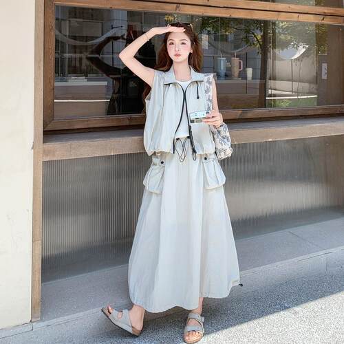 韩系穿搭设计感工两件c191-E77套套女夏季新款休闲绳马抽甲装半身