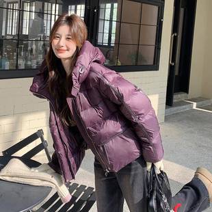 新韩款 羽绒服女冬季 系宽松加面包白服鸭绒 M26款 紫色连帽短厚b275