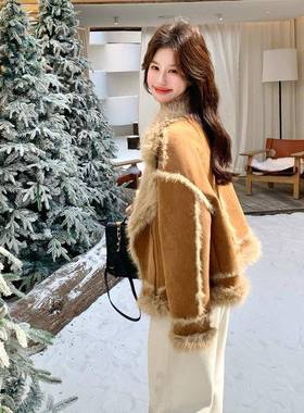 卡其仿色高级感炸街机车风皮毛一新体外款套c182-511女冬时尚洋气