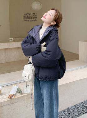 藏青格纹拼接连色帽短款羽绒b151-159外服女冬季学院风暖保洋气淡