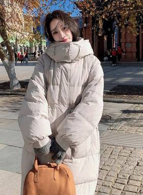 白色大口袋羽绒服女长中冬新款韩款版宽松B199-175米加厚白鸭绒外