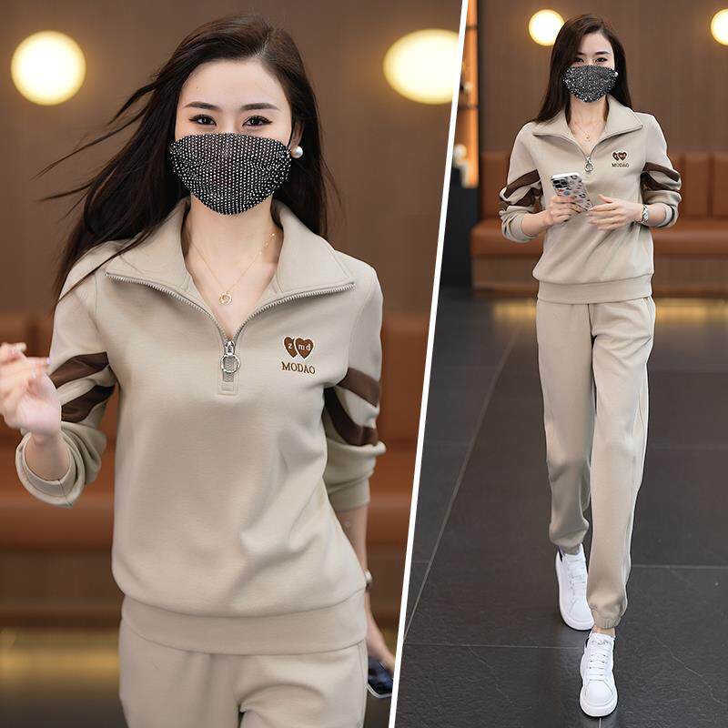 立领色运动年套装女762185春季新款卫秋衣洋气减龄休拼闲两件套