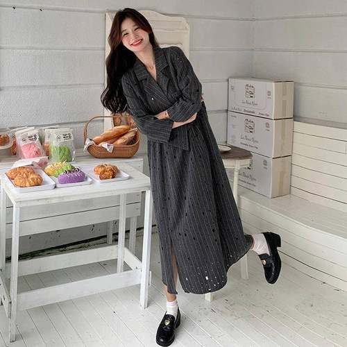 灰条纹ZR2D120西装连裙女秋新款法季式气质轻熟衣风假两件烫钻色