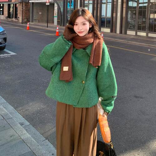 绿色短款小气个羊子呢双面ZR2B141呢毛大衣女冬季高级感质时尚毛